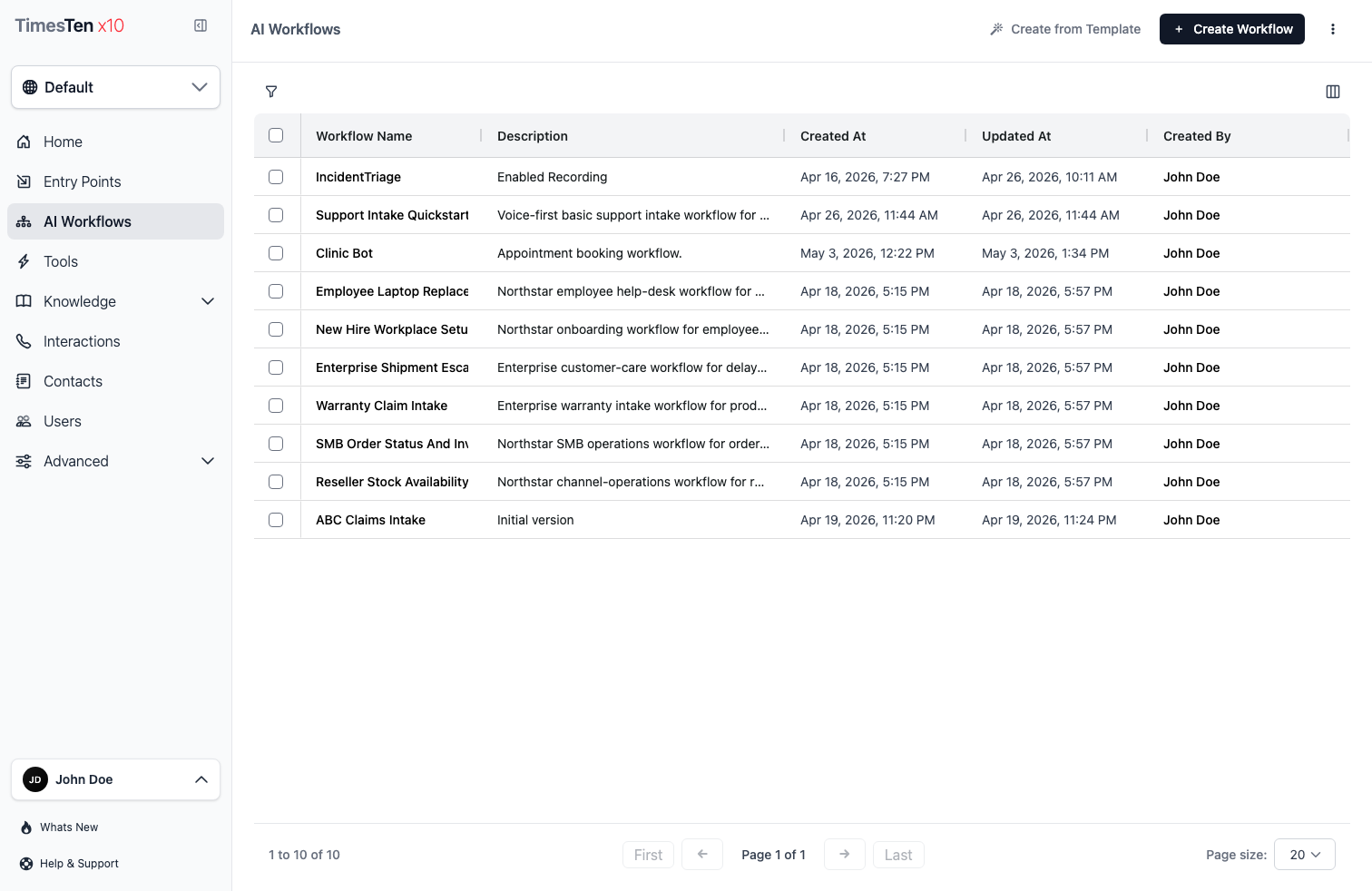 AI Workflows list page showing workflows with create and action controls