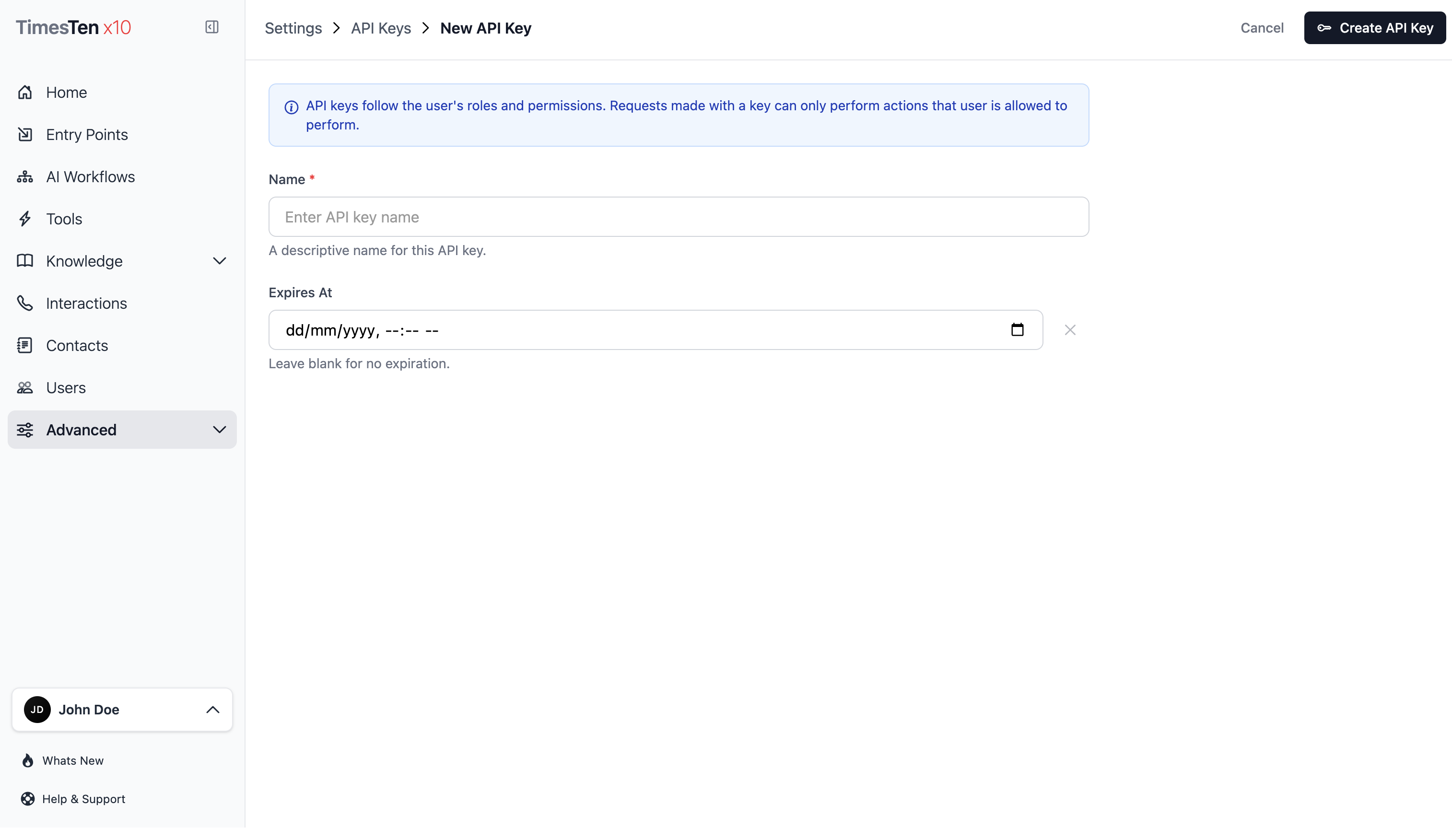 API key creation form showing the name and expiration fields