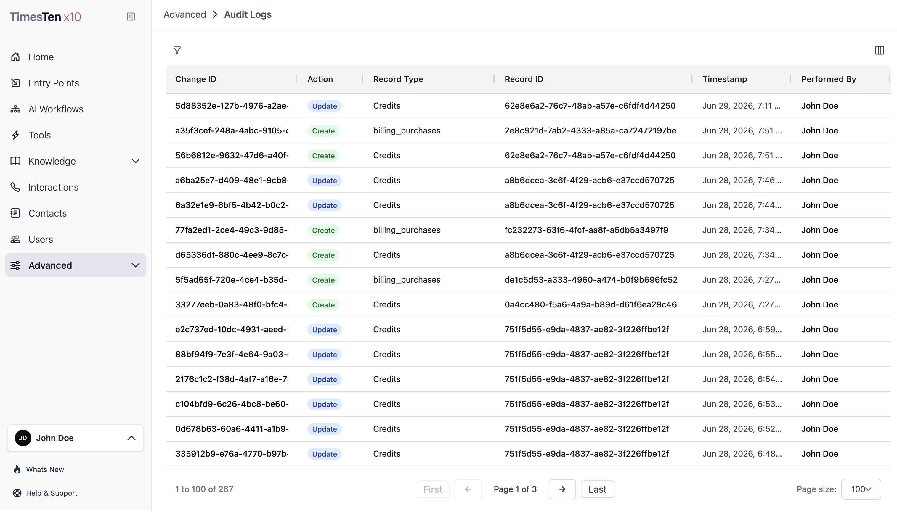 Audit Logs list showing change actions, record types, timestamps, and actors