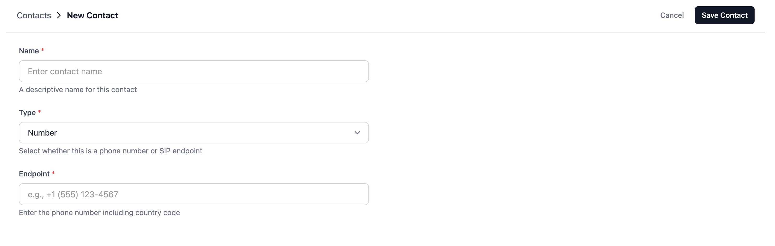 Contact creation form showing name, type, and endpoint fields