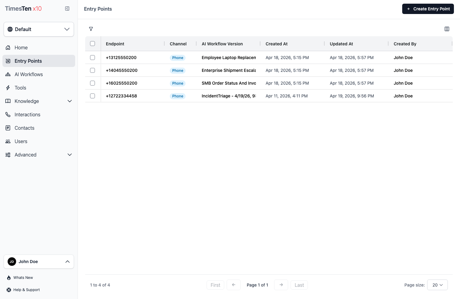 Entry points list page showing configured entry points with channel types