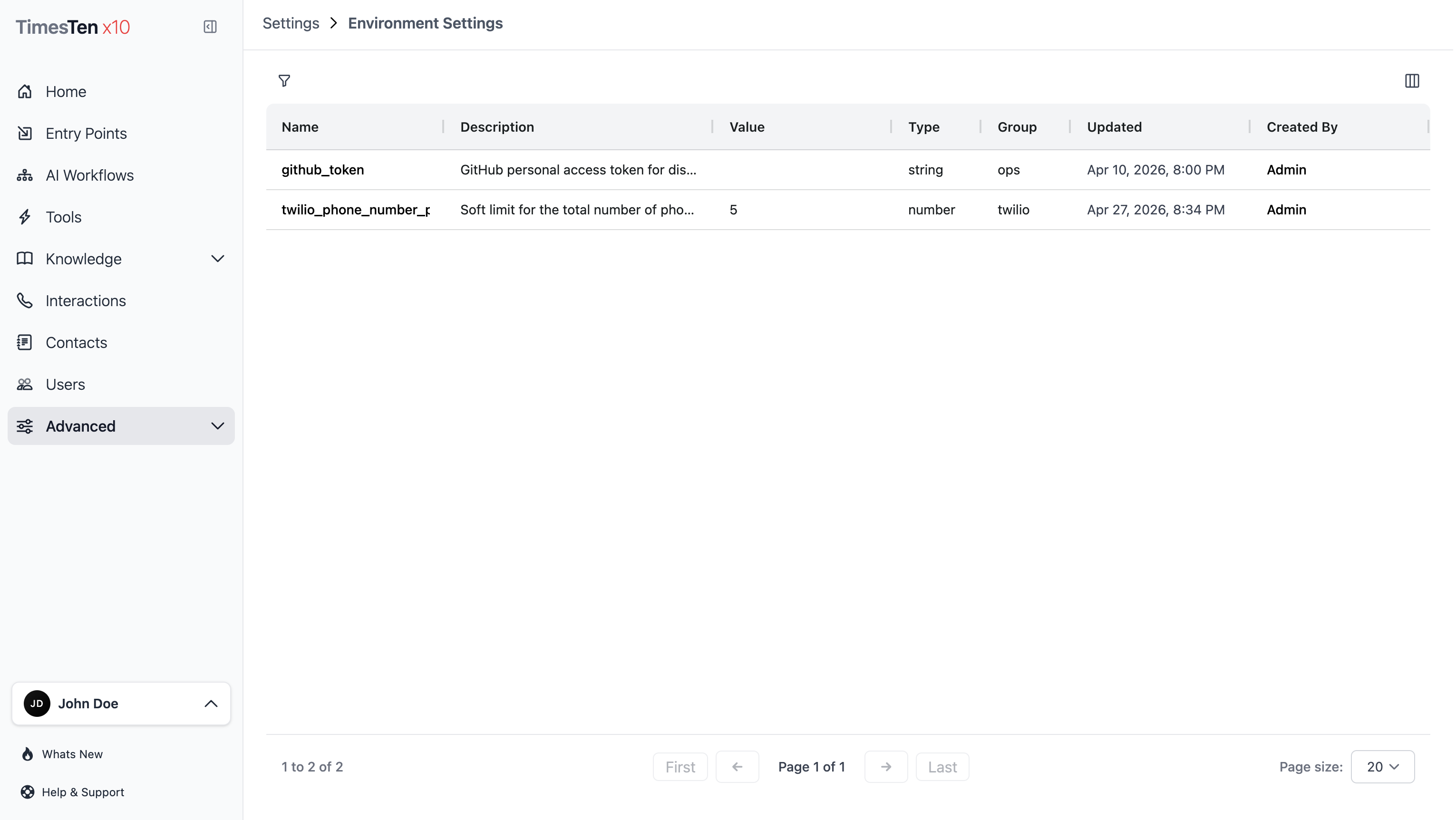Environment Settings list showing setting names, values, groups, and update timestamps