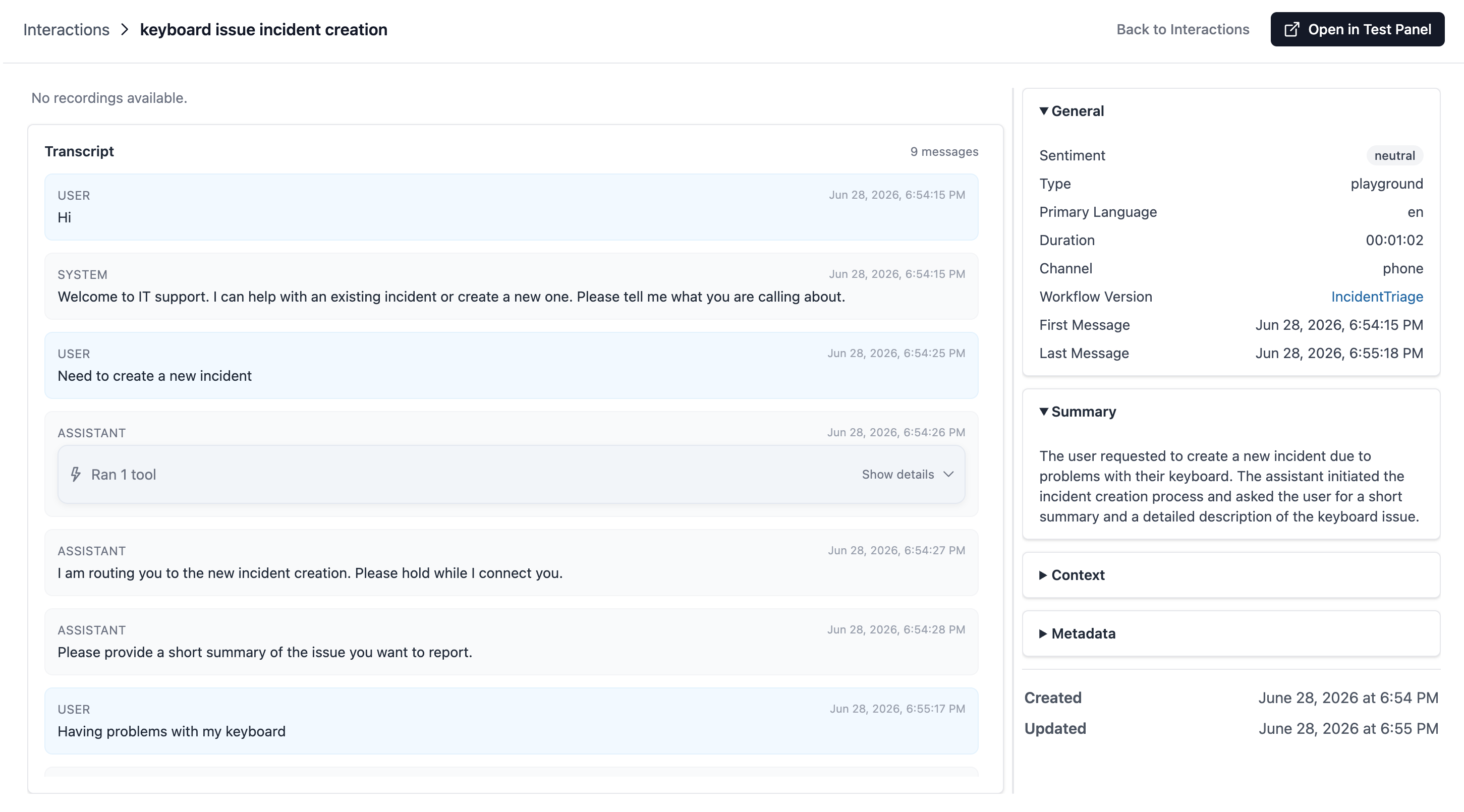 Interaction detail view showing the transcript on the left and the details pane on the right