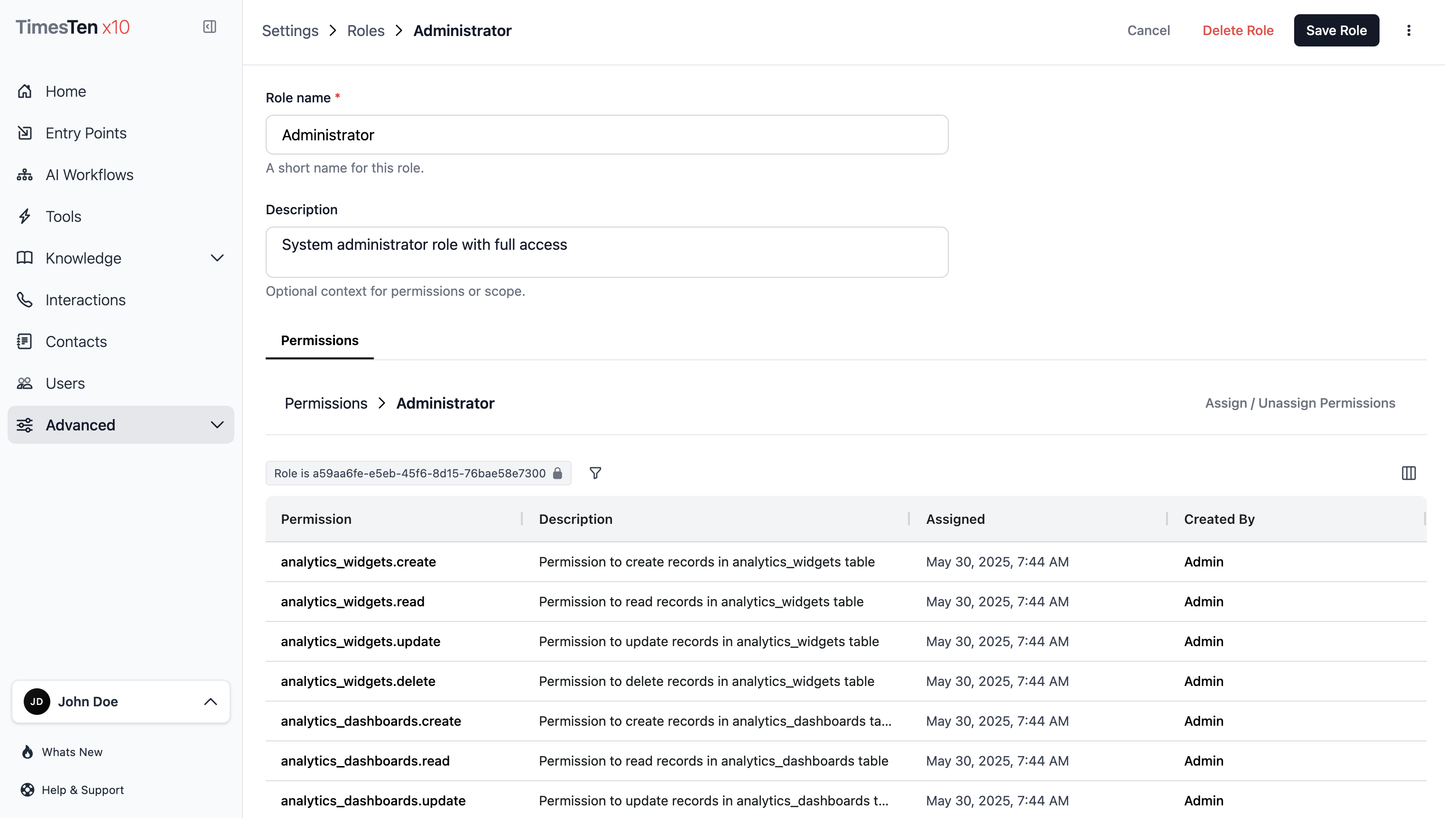 Role detail page showing the permissions grid for an assigned role