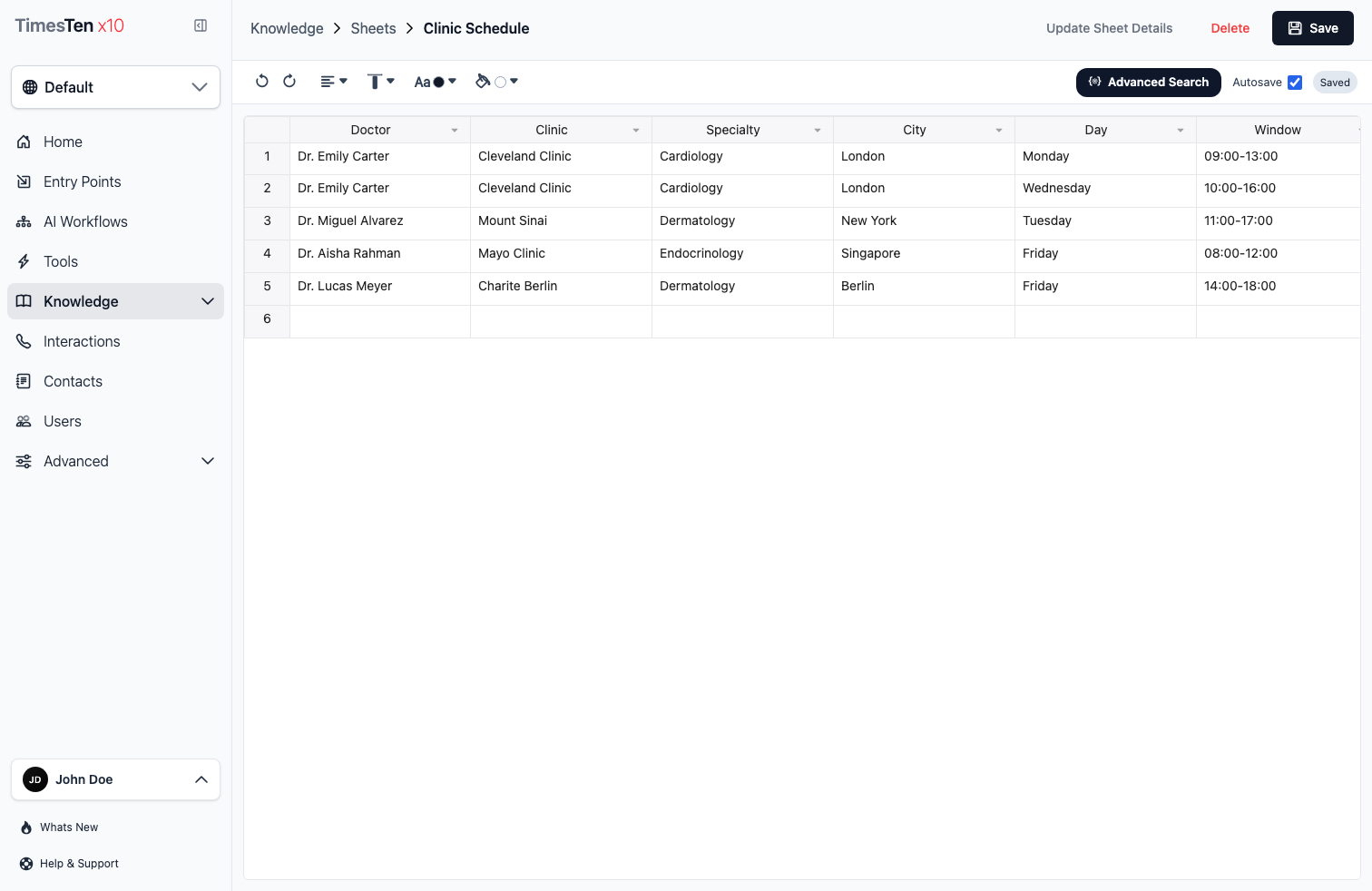 Knowledge sheet editor with data rows and toolbar