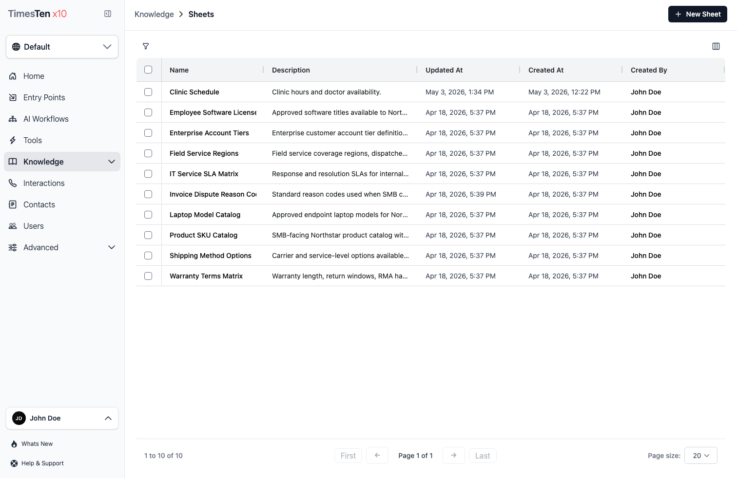 Knowledge sheets list page showing available sheets