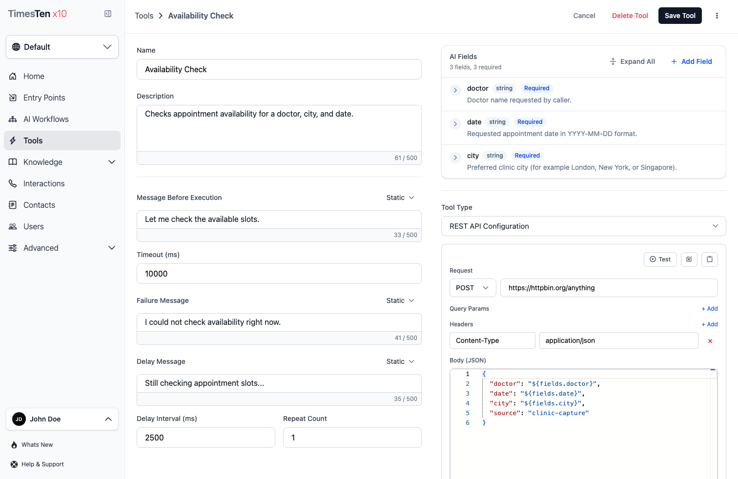 Tool REST API configuration form showing method, URL, headers, and body fields