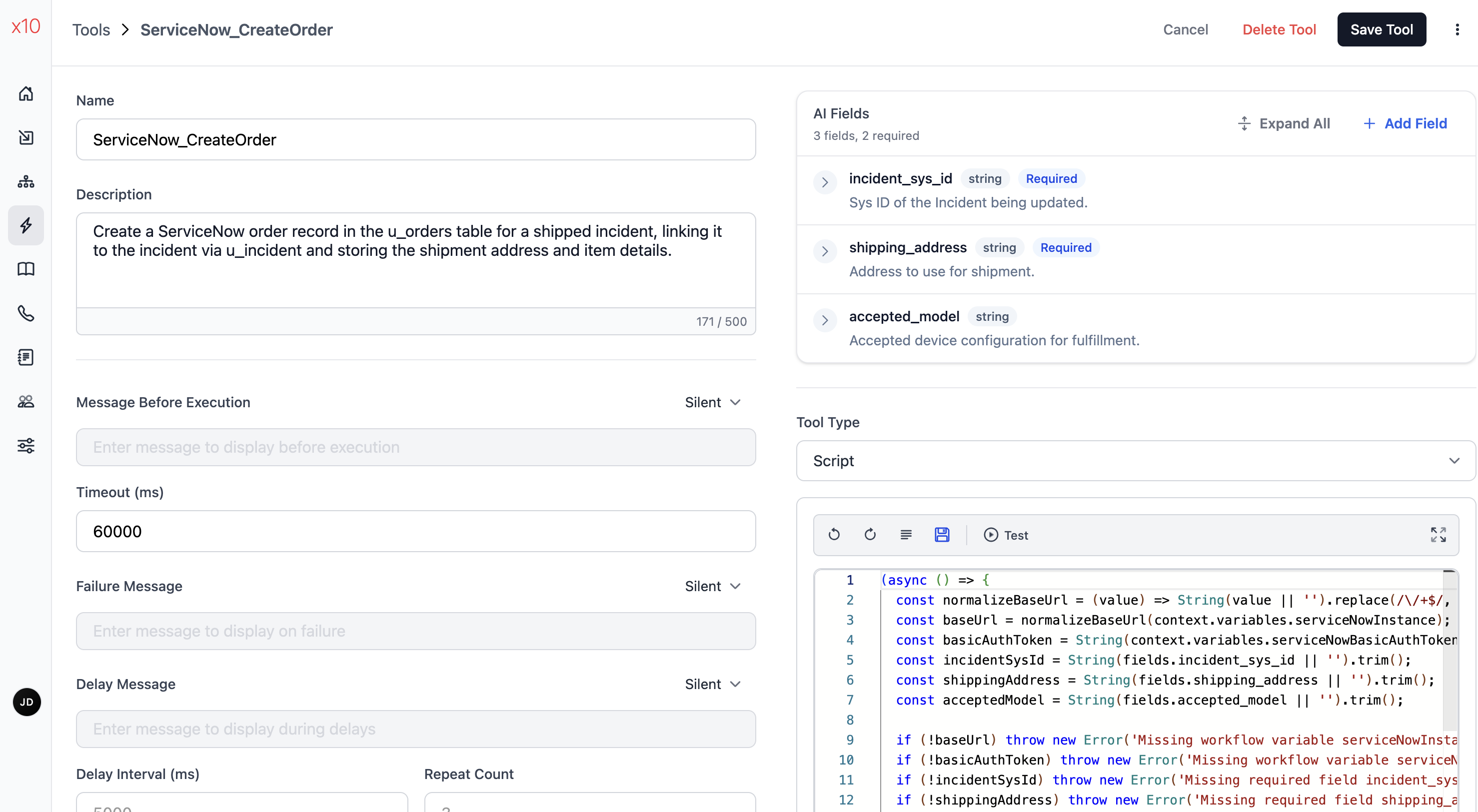 Tool Script configuration form showing AI fields, Script type, and the code editor