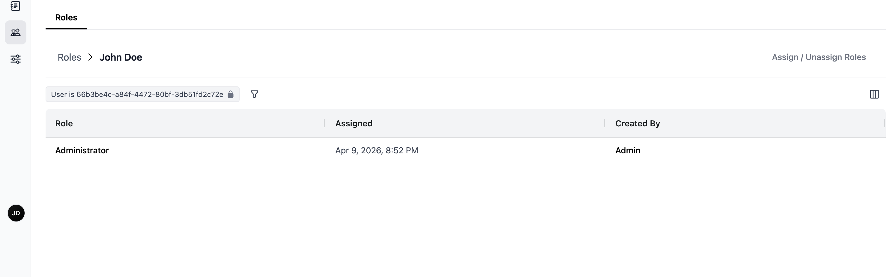 User detail page showing the roles assignment area and assigned roles