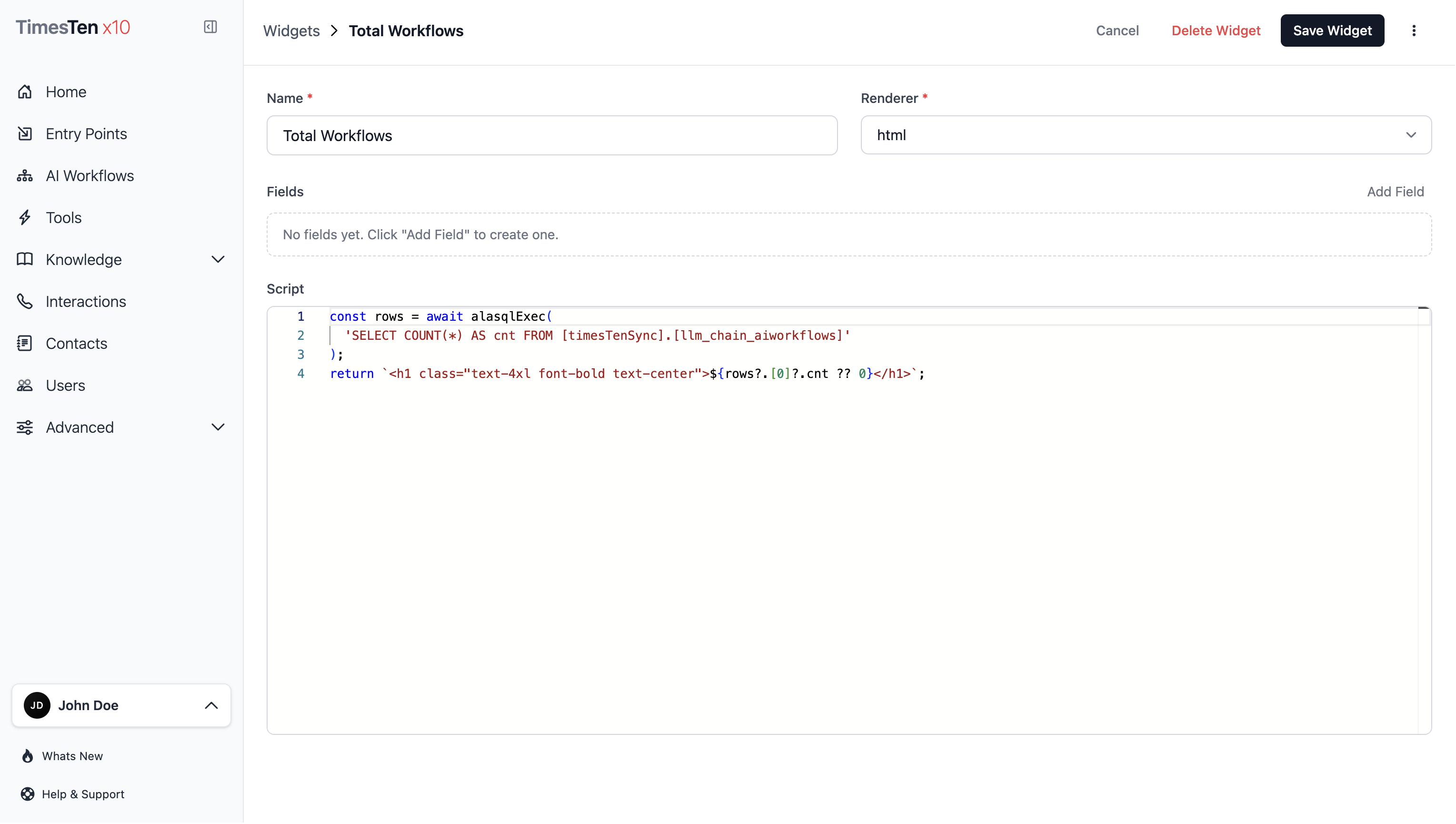 Widget editor showing a sample script and the fields section