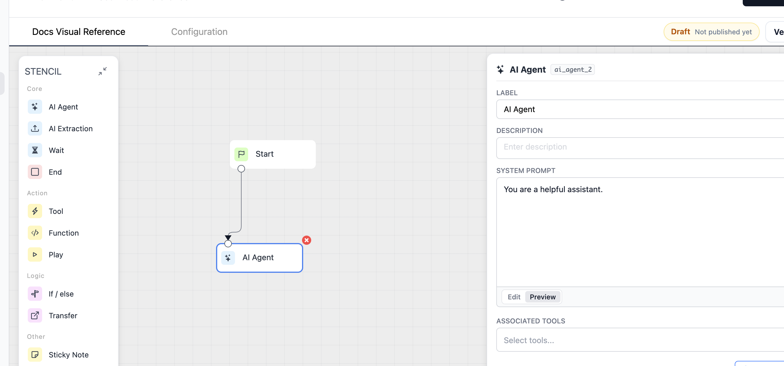 Workflow Builder with the stencil panel, canvas, and selected AI Agent inspector visible
