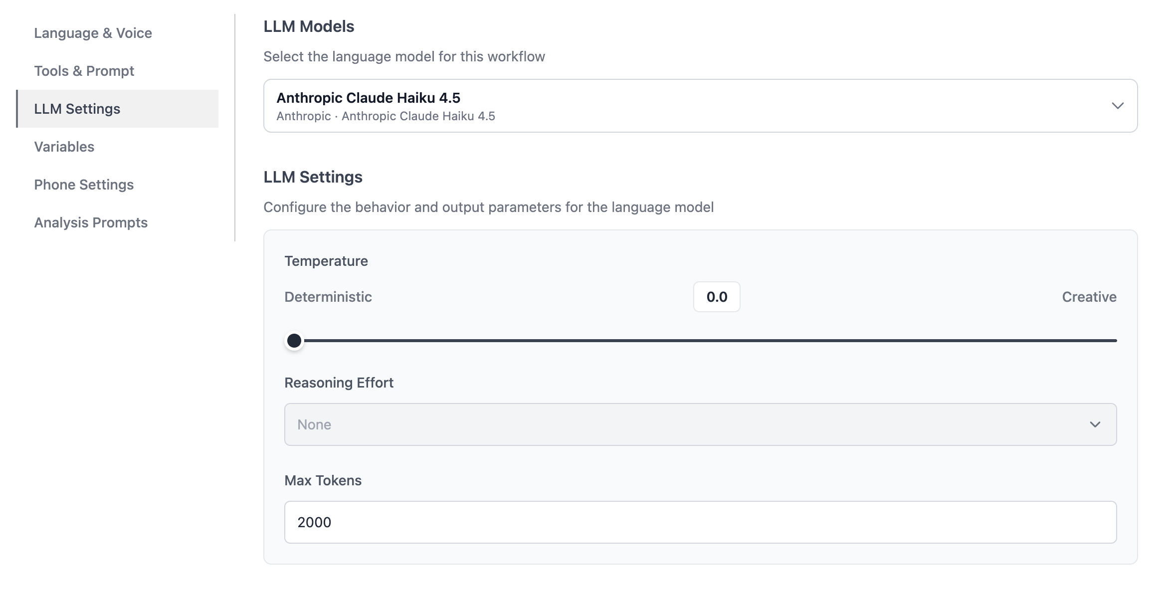 Workflow configuration showing model selection, temperature, reasoning effort, and max tokens settings