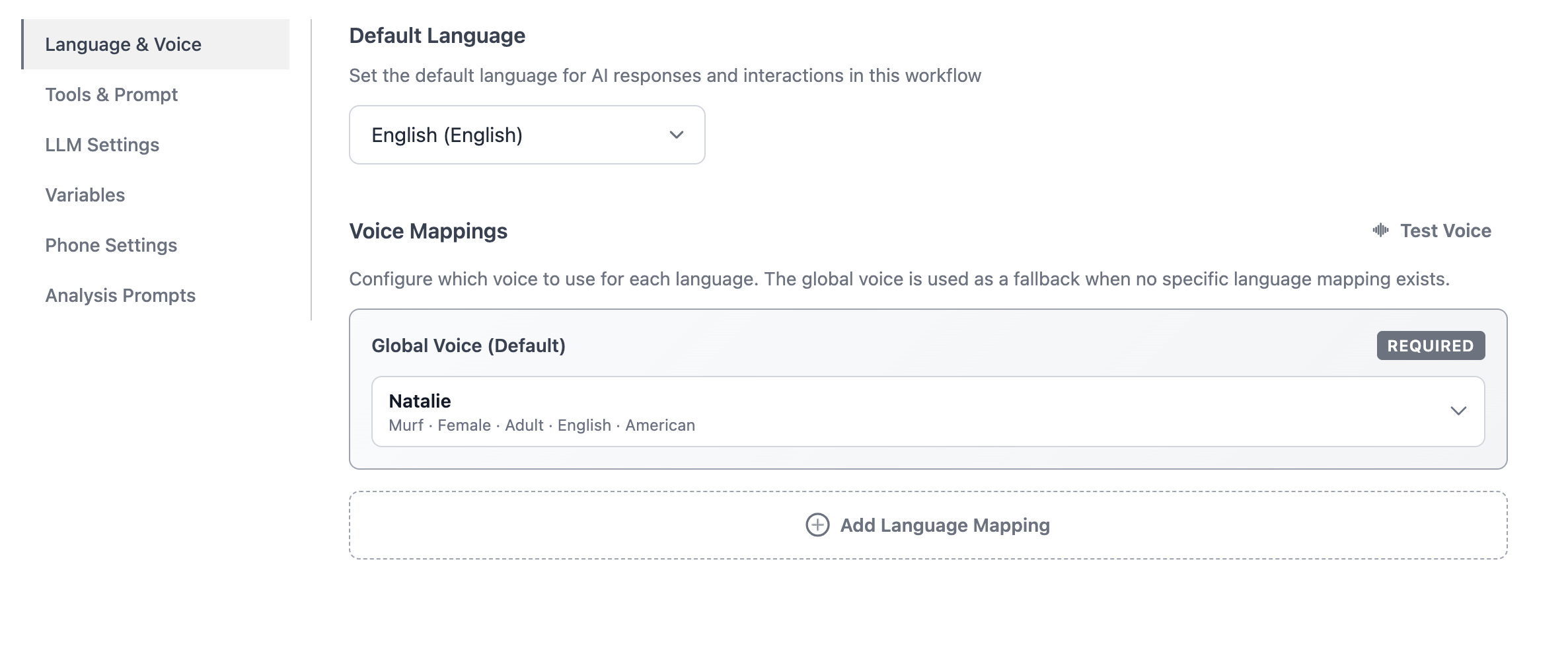 Workflow configuration showing the section navigation, default language, and voice mapping settings