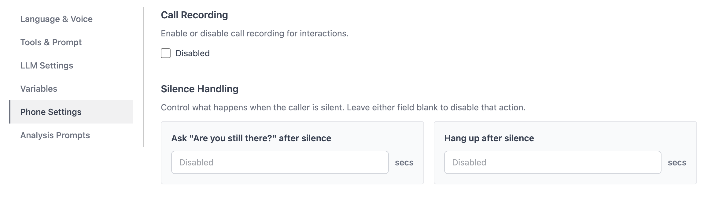Workflow configuration showing call recording and silence handling controls for voice workflows
