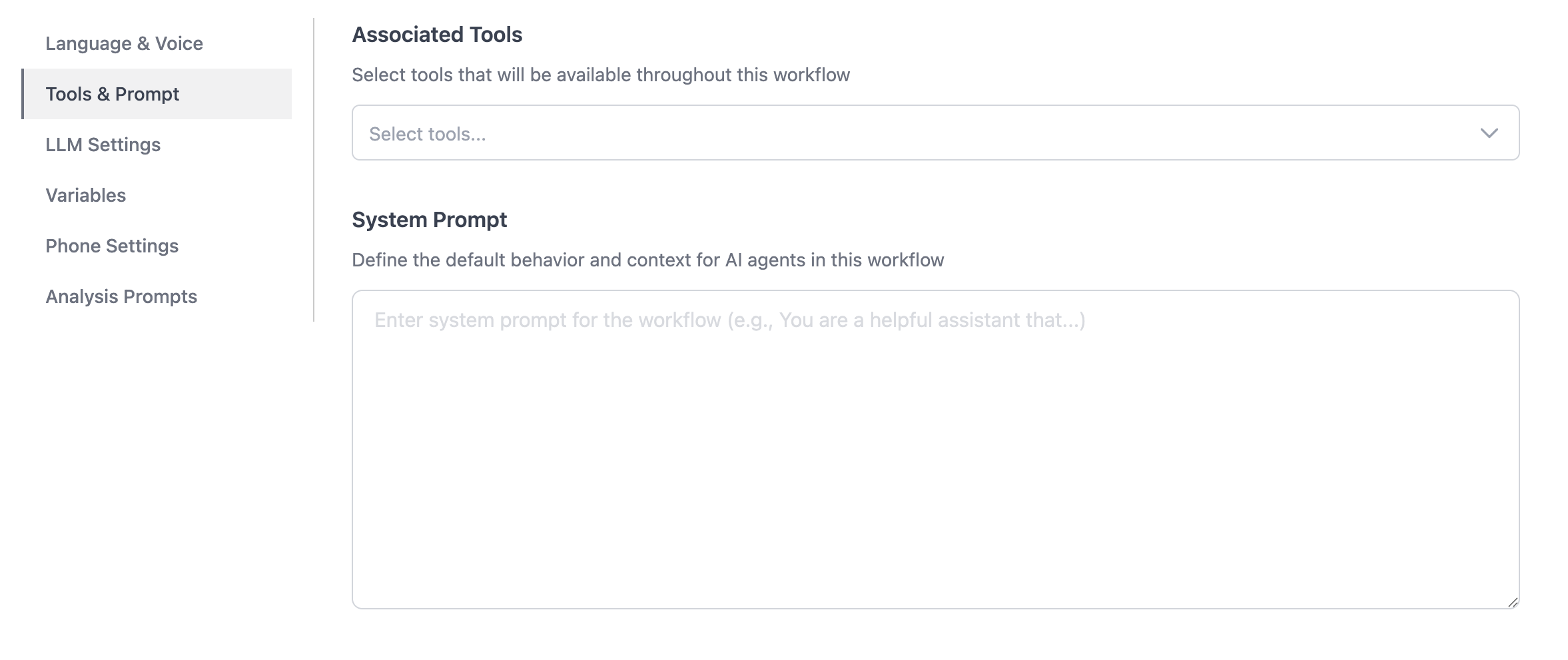 Workflow configuration showing the associated tools selector and system prompt field