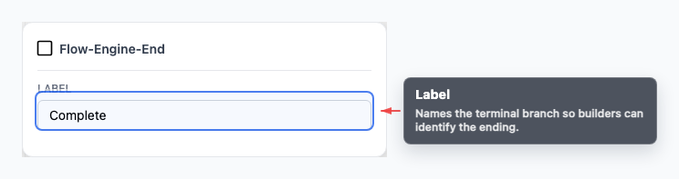Annotated Complete End node inspector showing the label field