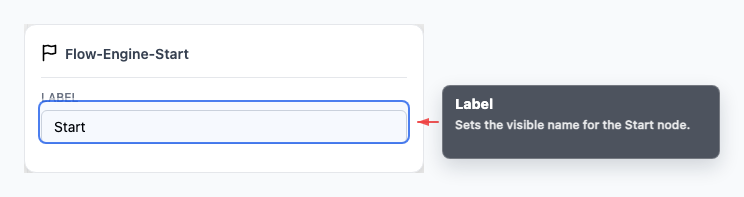 Annotated Start node inspector showing the label field